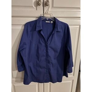 Riders by Lee Womens 1X Royal Blue Easy Care 3/4 Sleeve Button Down Shirt Top